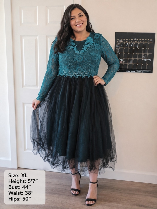 Xpluswear Dresses & Skirts - Vintage Teal Lace Bodice with Black Tulle Long Sleeve Midi Dress